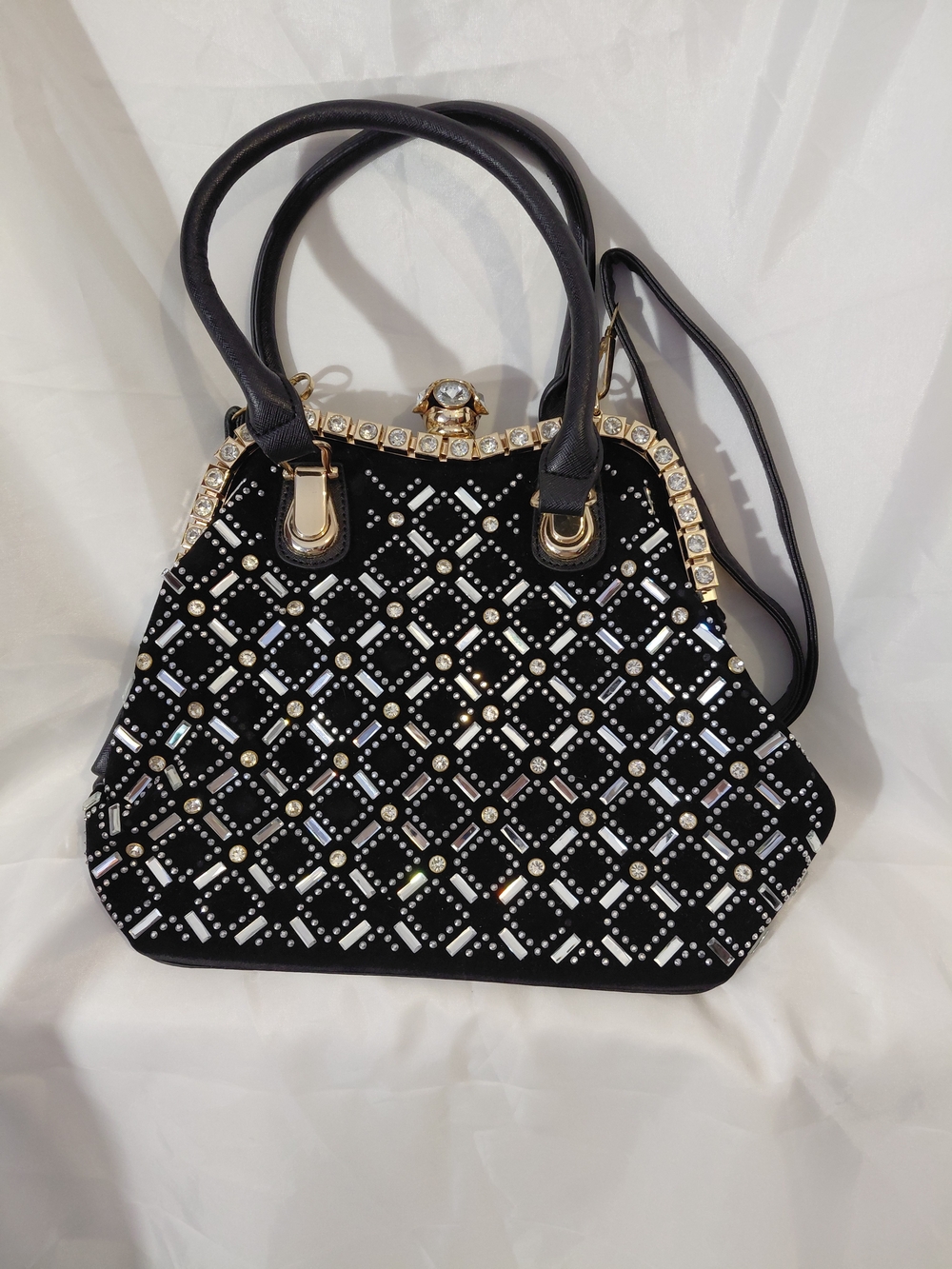 Source Unknown Black Crystal-Studded Satchel with Gold Accents